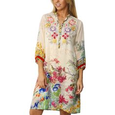 Nwt Johnny Was Wysteria Floral Multicolor Embroidered Dress Sz M Sold Out With Its Flattering Silhouette And Beautiful Floral Print, The Johnny Was Wysteria Dress Is The Perfect Summer Statement Piece. Made From Rayon, This Luxurious Mini Dress Is Breezy And Laid-Back, Making It The Perfect Piece To Team With Sandals On Off-Duty Days. The Dress Features A Relaxed Collar, Button Placket And Elbow Length Sleeves. 100% Rayon Relaxed Collar Button Placket Elbow-Length Sleeves All-Over Floral Print S Spring Beach Silk Dress, Multicolor Floral Print Spring Tunic, Summer Silk Midi Dress With Floral Embroidery, Spring Vacation Silk Tunic, Silk Tunic For Spring Vacation, Silk Tunic For Spring Beach Days, Pink V-neck Silk Dress For Spring, Spring Silk Tunic, Spring Silk Tunic Dresses