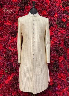 Mens Ivory Gold Sherwani_Groom Wear Ivory Sherwani, Buy Lehenga Online, Indian Bridal Couture, Elegant Veils, Reception Gowns, Mehendi Outfits, Bridal Lehenga Red, Lehenga Online, Buy Jewellery Online