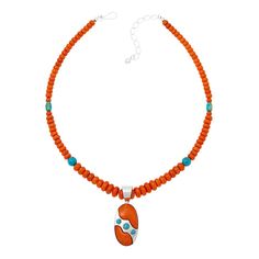 Jay King Gallery Collection Orange Coral & Turquoise Pendant-Necklace  This unique, handcrafted pendant and beaded necklace combo feature orange coral and blue turquoise in a fun, festive design that's sure to set you apart from the crowd! Part of Jay's exclusive Gallery Collection.       Pendant approx. 2-1/16"L x 13/16"W     Necklace approx. 18-1/4"L x 3/8"W with 2-3/4" extender     Stamped .925     Sterling silver, oval-shaped pendant has bezel-set orange coral with diagonal, silver overlay Southwestern Style Orange Beaded Necklaces, Southwestern Orange Round Bead Necklaces, Southwestern Style Orange Jewelry With Colorful Beads, Southwestern Style Orange Beaded Necklace, Southwestern Orange Jewelry With Colorful Beads, Southwestern Orange Round Beads Necklace, Southwestern Orange Round Beads Jewelry, Southwestern Orange Round Bead Jewelry, Handmade Orange Southwestern Necklace