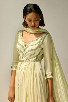 White, jade green anarkali with chevron, checkered print and zardozi, bead, sequin embroidered neckline. Paired with pant and dupatta. - Aza Fashions Green Anarkali, Diana Penty, Checkered Print, Checker Print, Luxury Sale, Embroidered Neckline, White Jade, Pants Pattern, Modern Bride