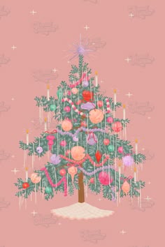 a christmas tree with ornaments hanging from it's branches and stars on the top