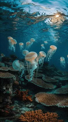 a group of jellyfish swimming in the ocean