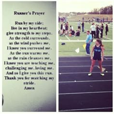 a woman standing on top of a race track next to a poem written in black