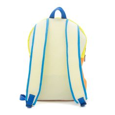 a yellow backpack with blue straps on the front and back side, against a white background