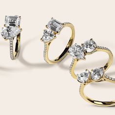 three different types of engagement rings with diamonds on each one and the other in yellow gold