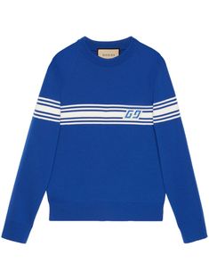 Blue wool sweater by GUCCI, characterized by front logo with graphic detail in shades of white, crew neck and long sleeves. This item is in size S and the color is Gucci Winter Sweatshirt With Ribbed Cuffs, Gucci Sweatshirt With Ribbed Cuffs For Winter, Winter Gucci Sweatshirt With Ribbed Cuffs, Classic Gucci Sweater With Ribbed Cuffs, Blue Crew Neck Sweater With Logo Detail, Designer Winter Sweater With Logo Detail, Sporty Long Sleeve Sweater With Logo, Gucci Sporty Sweatshirt With Ribbed Cuffs, Gucci Sporty Sweatshirt With Logo Detail