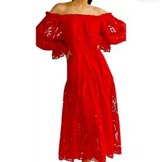 With Tag Size:S Will Fit To Size:M Retail:$444 Detail: Featuring Intricate Lace And A Shoulder-Baring Silhouette, This Lively Dress Is A Must-Have For Painting The Town Red. Off-The-Shoulder Midi Silhouette Pullover Styling Hand Wash Made In Usa 100% Polyester, Lining:100% Polyester. Measurements: Will Fit To Size:M Armpit To Armpit:18", Length:51" From Shoulder. Elegant Red Off Shoulder Dress For Summer, Elegant Lace Off-shoulder Dress, Elegant Red Off-shoulder Dress For Spring, Elegant Red Off Shoulder Dress For Spring, Red Off-shoulder Summer Cocktail Dress, Chic Red Off-shoulder Evening Dress, Chic Red Off-shoulder Dress, Red Off-shoulder Dress For Cocktail, Red Off-shoulder Cocktail Dress