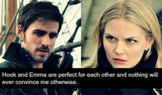 a man and woman standing next to each other in front of a boat with the caption, hook and emna are perfect for each other and nothing will ever