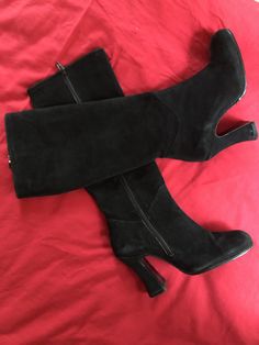 Good overall condition, still lovely to wear (better in real life). It is a French 36 or a UK 3. Suede High Ankle Heeled Boots For Evening, Evening High Ankle Suede Heeled Boots, High Ankle Suede Heeled Boots For Evening, Suede High Ankle Evening Boots, Fitted Boots With Suede Lining And Almond Toe, Evening High Ankle Suede Boots, Fitted Suede Boots With Stacked Heel, Winter Formal Suede Boots, Formal Winter Suede Boots