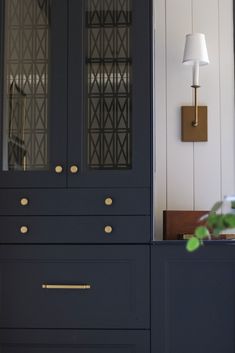 an armoire with glass doors and brass handles