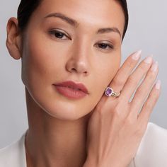 Amethyst bezel-set gemstone ring with 18K Caviar beading on a sterling silver band. Sterling Silver Bands, Amethyst Ring, Bezel Setting, Gemstone Ring, Gemstone Colors, Silver Band, Beading, Gemstone Rings, Amethyst