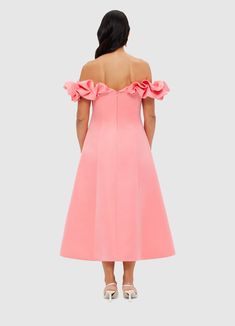 PRODUCT DESCRIPTION Premium off shoulder midi dressFrill sleeveWide V necklineA-line silhouetteInvisible back zip closureFully linedSize runs large, recommend to size down SIZE & FIT 6 8 10 12 14 16 18 Bust 80 85 90 95 101 107 113 Waist 67 72 77 82 88 94 100 Center back length 102.8 104 105.2 106.4 107.6 107.6 108 Hem circumference 205 208 211 214 217 220 223 Pala is 5’10” (178 cm) and wears a size 12 Bust: 39” (99cm) / Waist: 31” (78cm) / Hips: 41” (104cm) A-line Midi Dress With Ruffles For Garden Party, Off-shoulder Ruffled Formal Dresses, Formal Off-shoulder Ruffled Dress, Spring Evening Ruffle Dress, Evening A-line Midi Dress With Ruffles, Formal Ruched Midi Off Shoulder Dress, A-line Ruffled Midi Dress For Garden Party, A-line Off Shoulder Dress For Spring Evenings, Party Midi Dress With Pleated Bodice And Off-shoulder Design