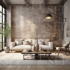 a living room filled with furniture and a brick wall behind the couches in front of a large window