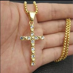 Men’s Cross Necklace Color Gold Material Gold Filled & Simulated Diamonds. Chain Length 24 Inch Silver Cross Necklaces, Elevation Church, Mens Pinky Ring, Cross Necklaces, Hanging Necklaces, 14k Yellow Gold Necklace, Men's Vintage Watch, Star Pendant Necklace, Gold Cross Necklace