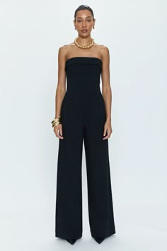 Elevate your look effortlessly with the Valentina Jumpsuit: made from a smoothing fabric that gives a flattering fit, this strapless style will have you looking your best for any occasion, from holiday parties to black tie events. Its wide leg fit and side zipper make it easy to dress up in style. 32" inseam, 24" leg opening Black Strapless Jumpsuit, Bandeau Jumpsuit, Grand Ballroom, Prom Shopping, Strapless Sweetheart Neckline, Jumpsuit Outfit, Strapless Jumpsuit, Cocktail Attire, Black Tie Event