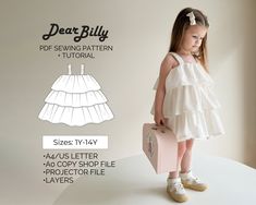 "This is a girls tiered dress with elastic shoulder straps / layered A-line dress PDF Sewing Pattern (instant download) with Instructions. \"Toot Sweets\" dress pattern by DearBillyPatterns. This is a PDF Sewing Pattern (instant download) in sizes 1Y-2Y-3Y-4Y-5Y-6Y-7Y-8Y-9Y-10Y-12Y-14Y. All sizes are included in your purchase. This is an intermediate skill level sewing pattern that requires prior sewing experience. If you have any questions while sewing-feel free to email us, we'll be more than happy to walk you through it.  Each pattern includes 3 types of files: 1. A4/US letter file for printing at home 2. A0 size copy shop file 3. Projector file *All three files come with layers.  The pattern includes clear and detailed instructions with illustrations. We recommend viewing the instructi Tiered Dress Pattern, Just A Reminder, Tiered Dress, Toddler Dress, Pdf Sewing Patterns, Baby Patterns, Pretty Cool, Dress Pattern, How To Look Pretty