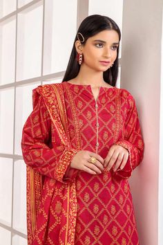 Red Fitted Lawn Suit For Festive Occasions, Red Fitted Festive Lawn Suit, Traditional Red Sets With Digital Print, Red Festive Lawn Suit, Red Sets With Printed Motifs For Festive Occasion, Red Digital Print Sets For Festive Occasions, Festive Red Cotton Lawn Suit, Red Sets With Digital Print For Festive Occasions, Red Printed Long Sleeve Lawn Suit