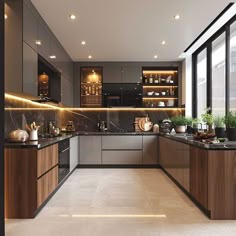 a modern kitchen with wooden cabinets and marble counter tops, along with potted plants