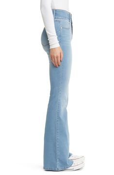 These soft and stretchy flare jeans feature a high, wide waistband with a shapewear effect that comfortably contours your natural silhouette. 34" inseam; 23" leg opening; 10 1/2" front rise; 15" back rise 51% cotton, 26% polyester, 22% rayon, 1% spandex Machine wash, tumble dry Imported High Rise Stretch Denim Blue Flare Jeans, Stretch High Rise Medium Wash Flares, High Rise Denim Flares, Fitted Medium Wash Flares For Spring, Stretch Denim Blue Flares For Spring, Spring Stretch Medium Wash Flares, Spring Stretch Denim Blue Flares, Stretch Medium Wash Full-length Flare Jeans, Medium Wash High Waist Stretch Flare Jeans