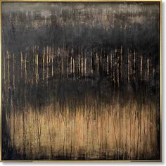 an abstract painting with gold and black colors