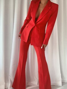 NAOMA Blazer & Flared Pants Set in Red – ZCRAVE Military Style Coats, Unique Sweaters, Beach Dresses Summer, Military Style Jackets, Crop Top Sweatshirt, Cocktail Evening Dresses, Long Maxi Skirts, Pant Suit, Red Blazer