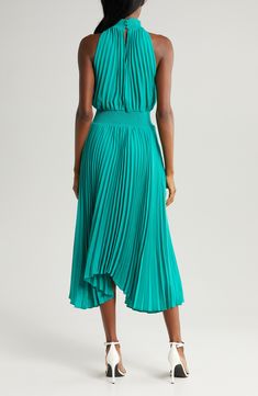 Elegant accordion pleats have a ball on an event-ready midi dress elevated by stretchy smocking at the neckline and waist. 43" to 48" center front length (size Medium) Mock neck Sleeveless, with cutaway shoulders Lined 100% polyester Machine wash, tumble dry Imported Accordion Pleats, Pleated Midi Dress, Nordstrom Dresses, Mock Neck, Dress To Impress, Smocking, Miami, Top Brands, Cocktail Dress