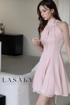 Lasaky - Chic Sleeveless Dress with Short Necktie Feminine A-line Sleeveless Dress For Date Night, Elegant A-line Party Sundress, Elegant Pink Knee-length Sundress, Elegant Asymmetrical Sleeveless Dress For Summer, Elegant Asymmetrical Sleeveless Summer Dress, Elegant Sleeveless Sundress For Summer, Elegant Sleeveless Summer Sundress, Elegant Halter Neck Mini Dress For Casual Occasions, Elegant Halter Neck Mini Dress