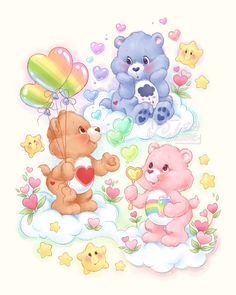 three teddy bears sitting on clouds with hearts and balloons in the sky, one holding a heart shaped balloon