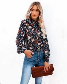 Never Say Never Floral Mock Neck Ruffle Blouse Mock Neck Blouse, Never Say Never, Elegant Blouses, Mock Neckline, Beautiful Blouses, Neck Ruffle, Cropped Denim, Blouse Black, Skirts With Pockets