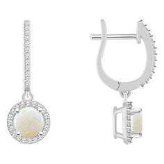 Top Choice Gems 6mm Opal and Diamond Hugger Hoop Dangle Earrings A striking addition to any fine-jewelry wardrobe, this sterling silver earring showcases a diamond-haloed opal that dangles from a diamond-accented hoop.         Each approx. 1"L x 3/8"W      Stamped .925; sterling silver; rhodium plating     Pierced with hugger-style leverbacks    Stone Information       All sizes and weights approximate     Opal; Round (6x6mm)     Diamond: Round; 0.32ct; GH color, I2-I3 clarity White Round Cut Huggie Earrings In Sterling Silver, White Round Cut Sterling Silver Huggie Earrings, Sterling Silver Hoop Earrings With Halo Design, Sterling Silver Round Cut Hoop Earrings With Halo Design, Sterling Silver White Halo Earrings, White Sterling Silver Earrings With Halo Design, White Sterling Silver Huggie Earrings With Prong Setting, Sterling Silver Halo Round Earrings, Sterling Silver Halo Earrings Fine Jewelry