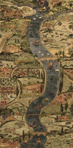 an old tapestry with a river running through it