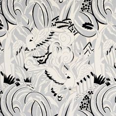 an abstract black and white wallpaper with swirls, flowers, and birds on it