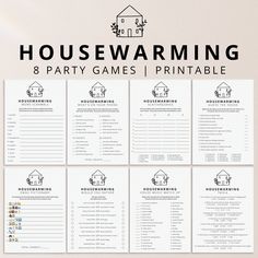 the housewarming party game printable is shown in black and white with an image of