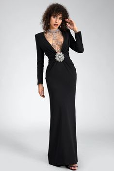 Unleash your elegance with our v-neck long sleeve maxi dress, a graceful ensemble designed to enhance your sophistication and allure. This stunning dress features an elegant v-neck, long sleeves, and a flowing maxi length, meticulously crafted to ensure you exude elegance at any event. Handmade customization Fabric composition: 90% polyester fiber, 10% spandex Washing method: hand wash or dry clean Popular elements: v-neck Luxury V-neck Maxi Dress For Gala, Chic Formal V-neck Gown, Chic Long Sleeve V-neck Evening Dress, Luxury V-neck Evening Gown, Chic Long V-neck Formal Dress, Elegant Long V-neck Party Dress, V-neck Maxi Dress For Evening Gala, Luxury Black Long Sleeve Evening Dress, Elegant V-neck Evening Dress For Gala