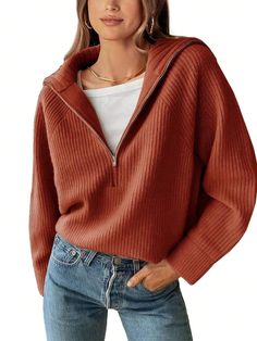 Women's Casual Long Sleeve Half Zipper Pullover Solid Color V Neck Ribbed Knit Loose Sweater Top Rust Brown Casual  Long Sleeve Knitted Fabric Plain Pullovers Slight Stretch Fall/Winter Women Clothing, size features are:Bust: ,Length: ,Sleeve Length: Casual Dinner Outfit Fall, Dinner Outfit Fall, Short Coats Women, Trendy Sweaters, Estilo Chic, Loose Outfit, Winter Tops, Turndown Collar, Long Sleeve Knit Tops