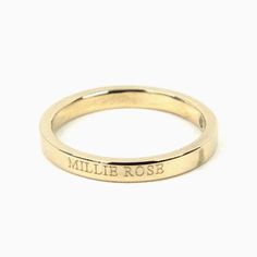 The 2.5mm name ring is the perfect way to wear a special name, phrase or lyric. Available in 14k yellow gold, white gold, and rose gold. Choose between a polished or brushed finish. Make it even more special by adding additional stones to the ring here. Classic Personalized 14k Gold Midi Rings, Minimalist Custom Name Engraved Ring For Promise, Minimalist Stackable Initial Ring For Promise, Minimalist Stackable Initial Promise Ring, Minimalist Initial Ring With Engraving For Promise, Adjustable Ring With Engraved Text For Promise, Minimalist 14k Gold Custom Name Ring, Minimalist Custom Name 14k Gold Ring, Minimalist Personalized Yellow Gold Stackable Rings