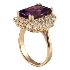 Stamped: 14K Yellow Gold Total Ring Weight: 6.1 Grams Ring Length: N/ARing Width: N/A Gemstone Weight: Total Natural Amethyst Weight is 6.53 Carat (Measures: 13.20x9.40 mm) Color: Purple Diamond Weight: Total Natural Diamond Weight is 1.00 Carat Quantity: 30 Color: F-G, Clarity: VS2-SI1 Face Measures: 18.30x17.60 mm Sku: [702495W] Luxury 14k Gold Purple Rings, Elegant Yellow Gold Amethyst Ring With Accent Stones, Luxury Emerald-cut Amethyst Ring For Formal Events, Luxury Emerald Cut Amethyst Ring For Formal Occasions, Luxury Purple 14k Gold Rings, Elegant Gold Amethyst Ring With Diamonds, Exquisite Yellow Gold Amethyst Ring With Accent Stones, Elegant Purple Diamond Ring In 14k Gold, Luxury Yellow Gold Amethyst Ring With Emerald Cut