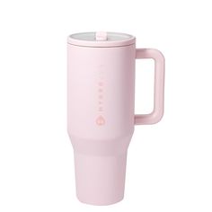 a pink travel mug is shown with the lid open and it's handle extended