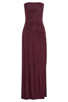 Bex Strapless Slinky Maxi Dress With Split - Burgundy - MESHKI U.S Wine Colored Maxi Dress, Wine Formal Dress, Berry Bridesmaid Dresses, Long Burgundy Dress, Maroon Dresses, Winter Formal Dress, Meshki Dresses, Burgundy Maxi Dress, Burgundy Dresses