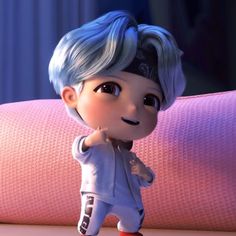 an animated boy with blue hair standing in front of a pink couch