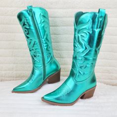 Stunning New Metallic Cowgirl Boots Embroidered Design Western Cut Heels Woman's Us Sizes Trendy Wide Calf Martin Boots For Spring, Summer Green Boots With Round Toe, Green Round Toe Summer Boots, Western Style Party Boots With Flat Heel, Green Snip Toe Boots For Spring, Western Style Flat Heel Party Boots, Summer Ankle-high Green Boots, Green Ankle-high Summer Boots, Summer Green Ankle-high Boots