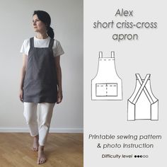 a woman standing in front of a white wall with the text alex short dress - cross apron