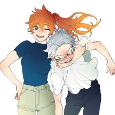 two anime characters one is hugging and the other has an orange hair, wearing glasses