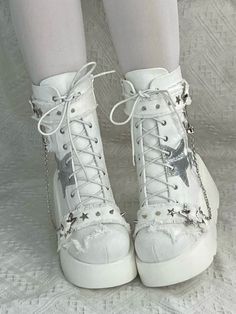 ❤star mode mark boots❤︎ Edgy White Winter Boots, Edgy White High Ankle Boots, White High-top Leather Mid-calf Boots, White Leather High-top Mid-calf Boots, Edgy White Lace-up Boots, White High-top Moto Boots For Winter, White Edgy Ankle-high Boots, Edgy White Ankle-high Boots, Princess Heels