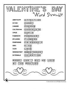 valentine's day word scramble worksheet