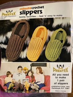 an advertisement for knitted slippers with two people sitting on the couch and one person standing