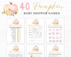 the pumpkin baby shower game is shown in pink and gold