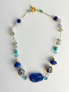 Lapis central bead with cloisonné, blue topaz, green amethyst accents Green Amethyst, Beaded Necklaces, Blue Topaz, Semiprecious Stones, Precious Stones, Diy Jewelry, Semi Precious, Topaz, Beaded Jewelry