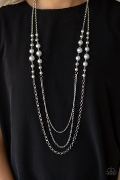 Two strands of oversized silver pearls and shiny silver beads give way to layers of mismatched silver chains down the chest for a colorfully refined flair. Features an adjustable clasp closure. Sold as one individual necklace. Includes one pair of matching earrings. Casual Silver Necklace For Party, Silver Necklace Set, Silver Pearl Necklace, Silver Bead Necklace, Silver Chains, Long Chain Necklace, Paparazzi Accessories, Paparazzi Jewelry, Silver Chain Necklace