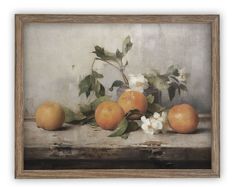 a painting of oranges and flowers on a table